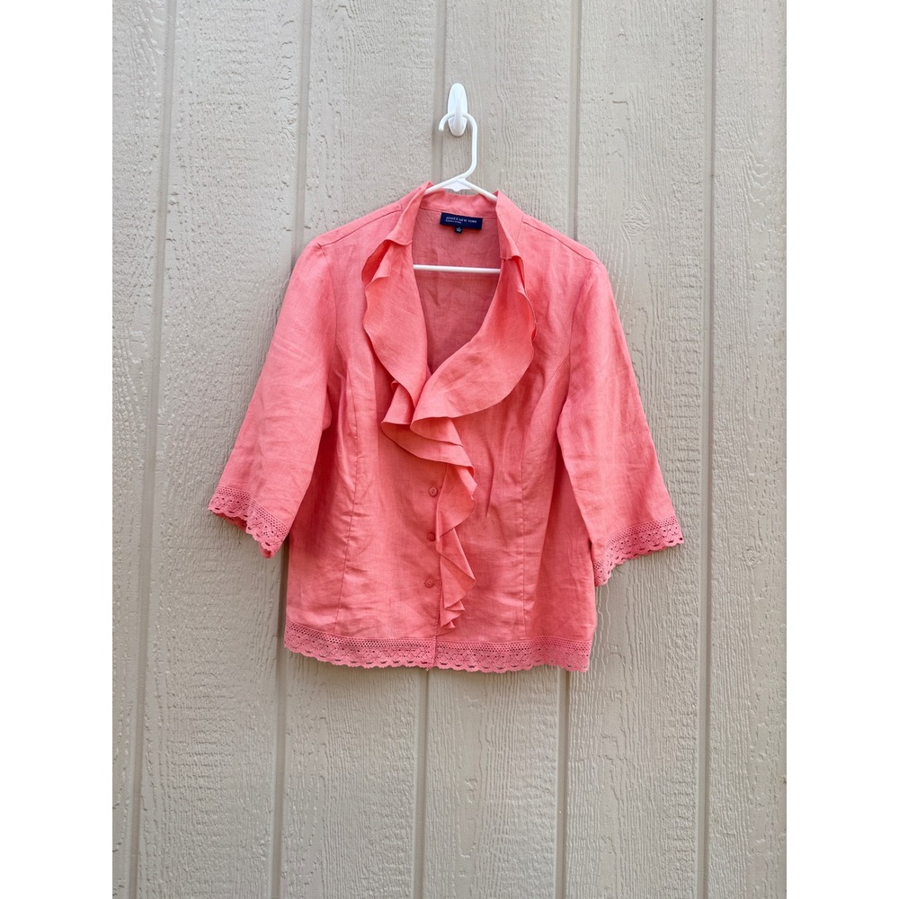 Jones New York L Linen Blouse Coastal Ruffle Coral Eyelet Lace Trim